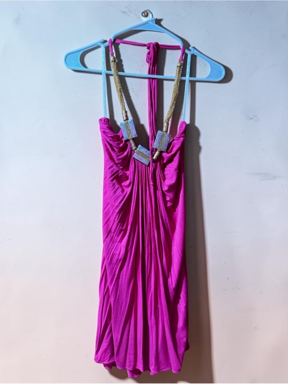 Sky Fuchsia Halter Dress with Gold Accent Neckline